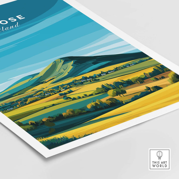 Melrose Scotland travel poster featuring Eildon Hills and vibrant fields under a blue sky
