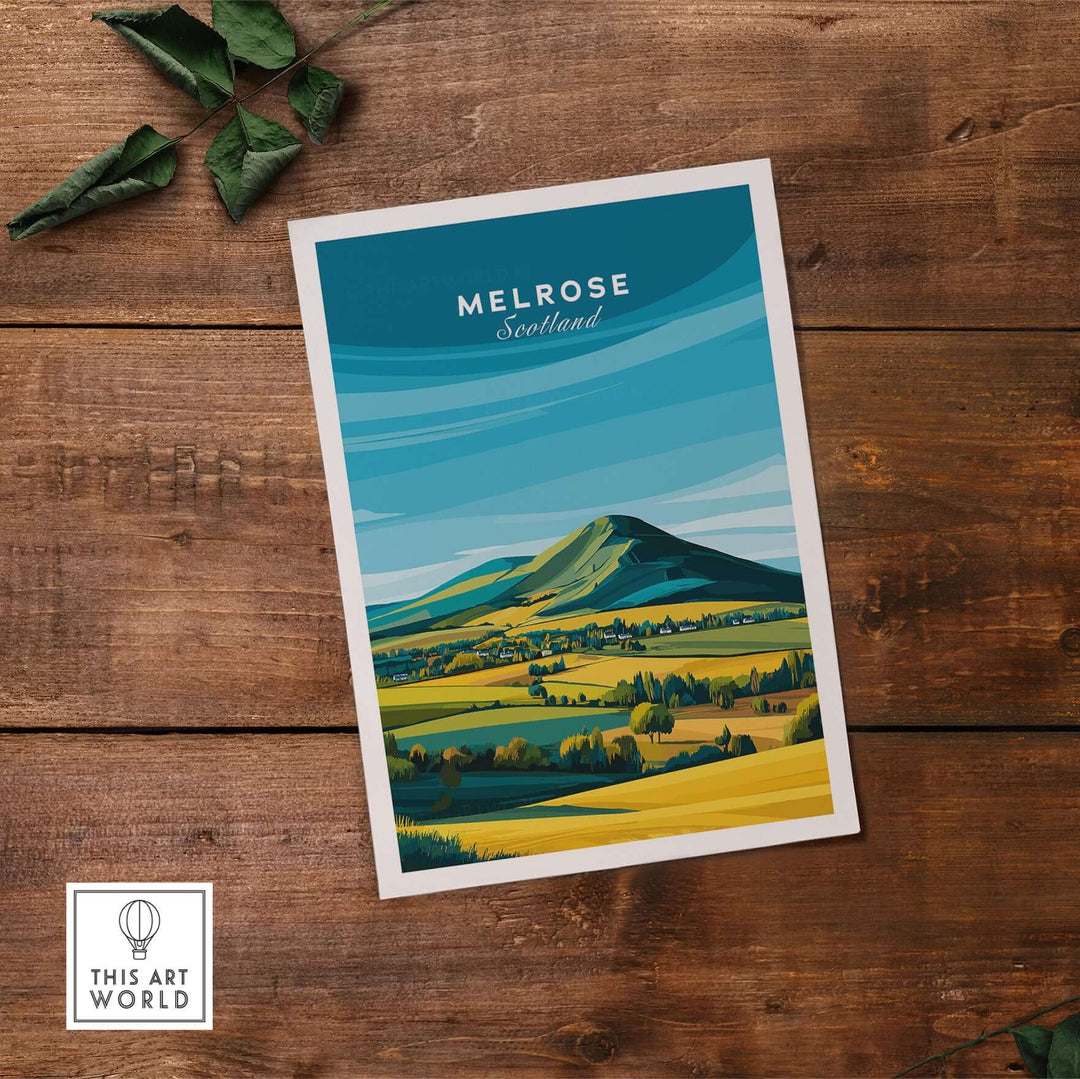 Melrose Scotland travel poster featuring Eildon Hills with vibrant fields and blue sky, modern wall art decor.