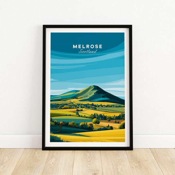 Melrose Scotland travel poster print featuring Eildon Hills in vibrant colors and stylized landscape design.