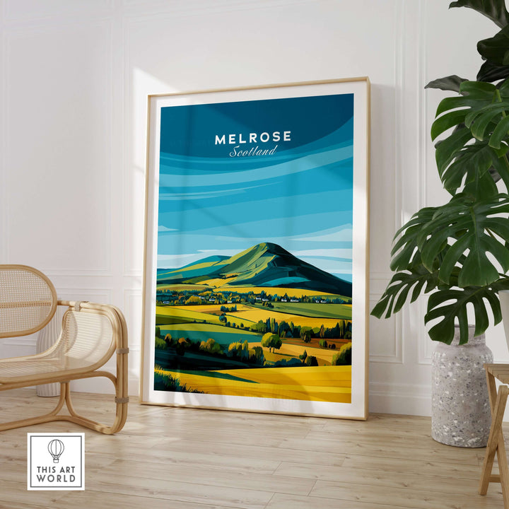 Stylized Melrose Scotland travel poster featuring Eildon Hills and vibrant landscape in modern decor.