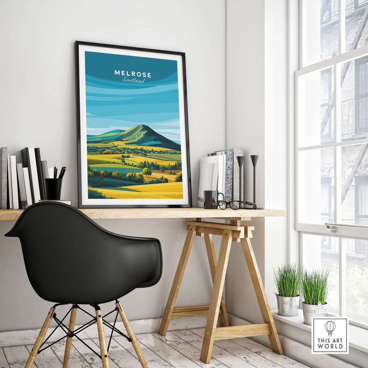 Melrose Scotland travel poster featuring Eildon Hills landscape art print in a modern interior setting.