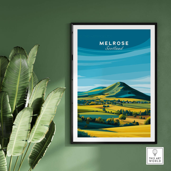 Melrose Scotland travel poster featuring Eildon Hills and vibrant fields in a modern landscape graphic design