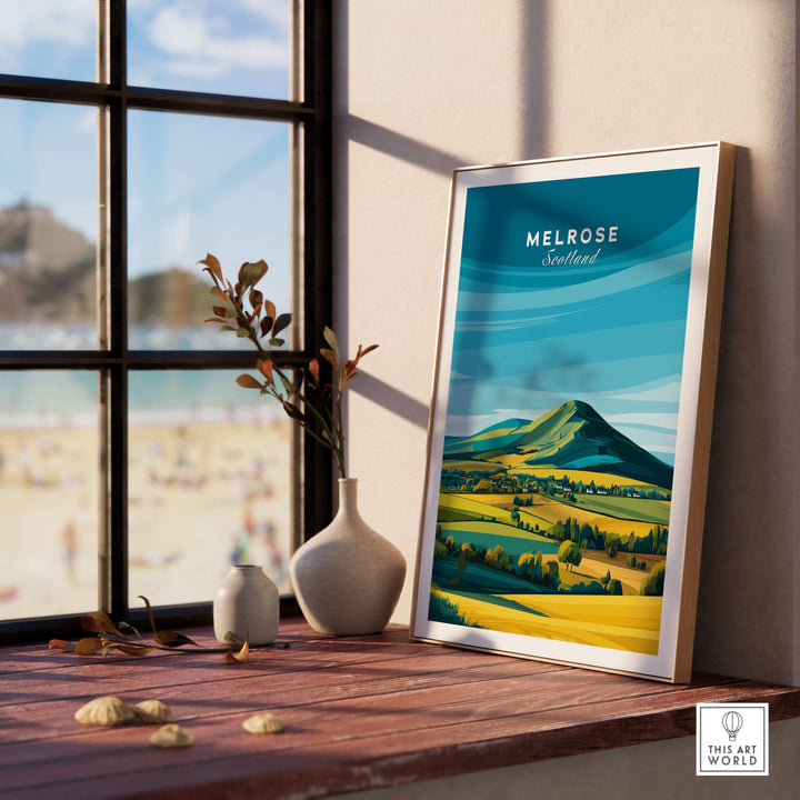 Melrose Scotland travel poster featuring Eildon Hills, colorful landscape wall art in modern decor setting.