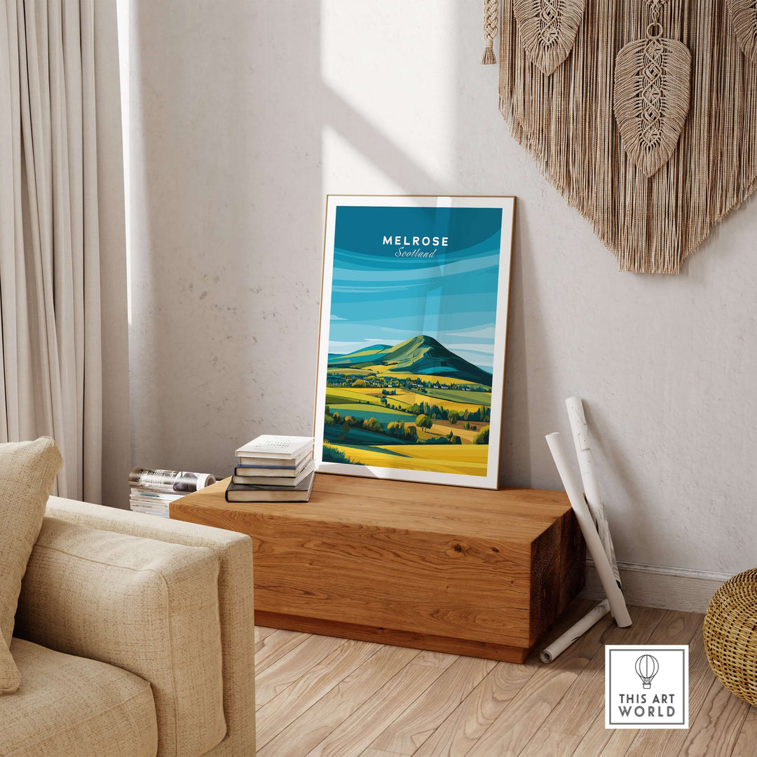 Melrose Scotland travel poster featuring Eildon Hills landscape in vibrant colors, ideal for home decor.