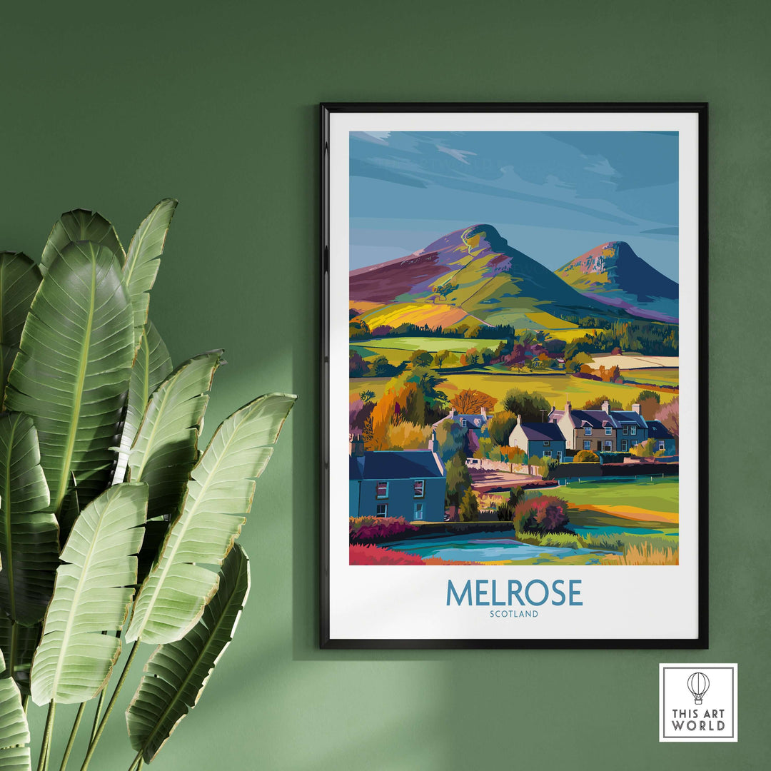 Colorful travel poster of Melrose, Scotland, featuring the Eildon Hills and village houses, perfect wall art.
