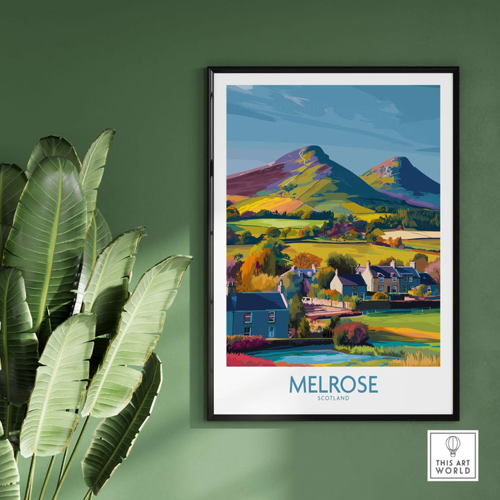 Colorful travel poster of Melrose, Scotland, featuring the Eildon Hills and village houses, perfect wall art.