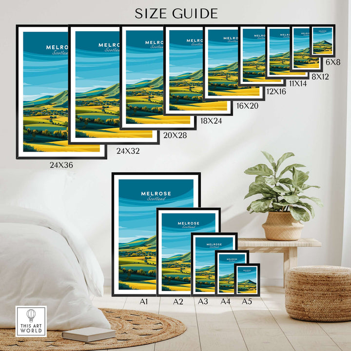 Size guide for Melrose Scotland travel poster prints in various dimensions, featuring scenic Eildon Hills landscape.