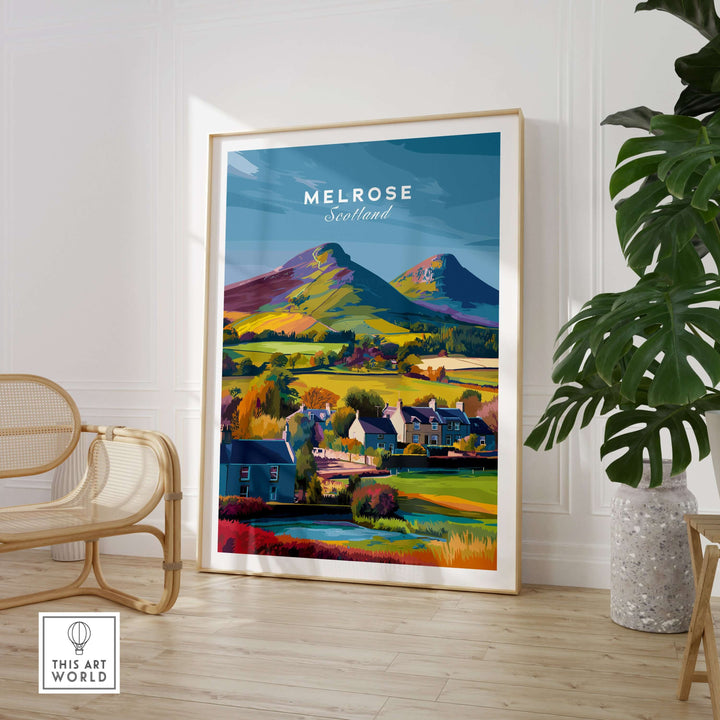 Melrose Scotland travel print featuring Eildon Hills and colorful village houses, ideal wall art decoration.