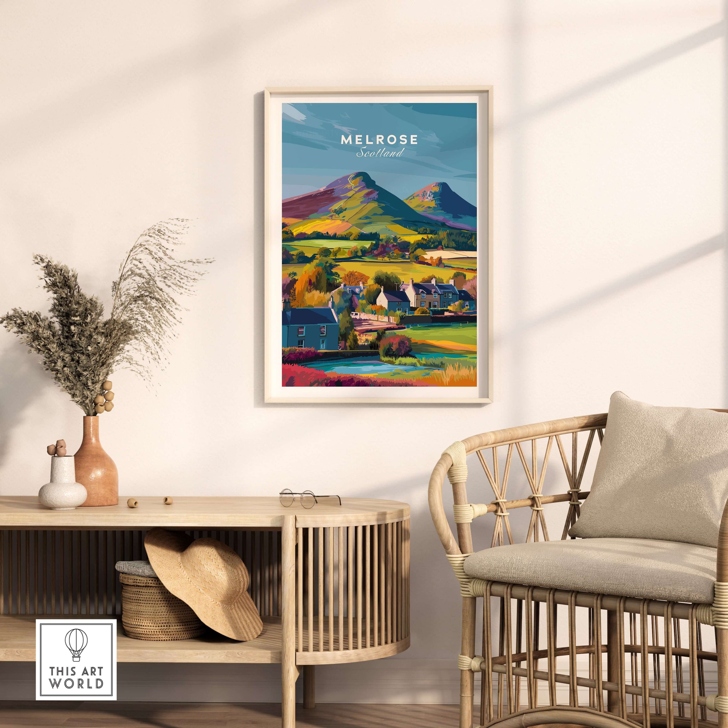 Melrose Scotland Village Travel Print Eildon Hills Poster Scottish Borders Wall Art displayed in a stylish interior setting.