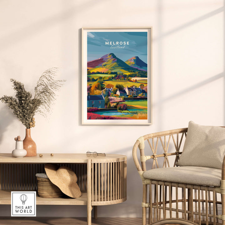 Melrose Scotland village travel print poster featuring Eildon Hills in vibrant colors, perfect wall art for home decor.