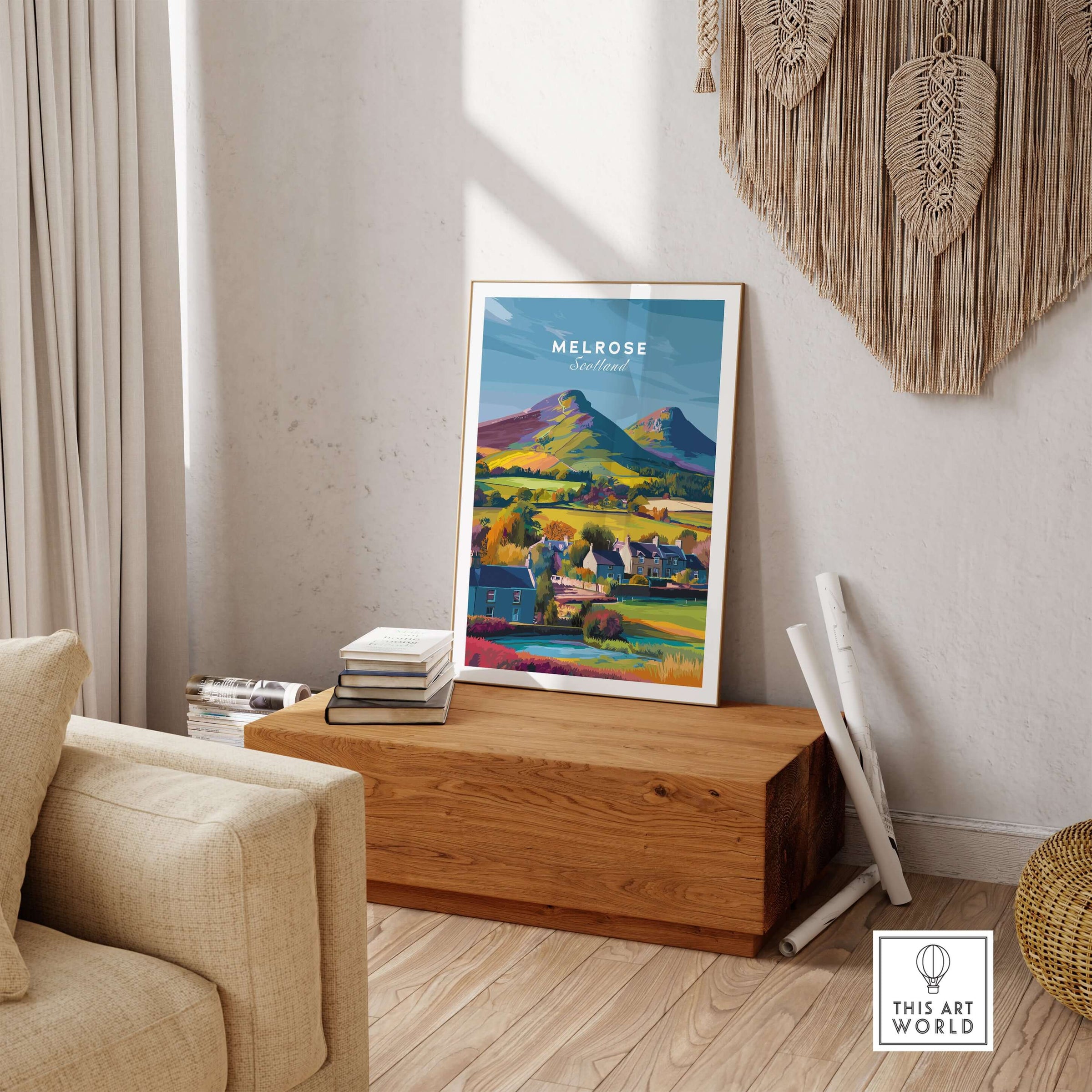 Melrose Scotland Village Travel Print Eildon Hills Poster Scottish Borders Wall Art displayed in a cozy living room.