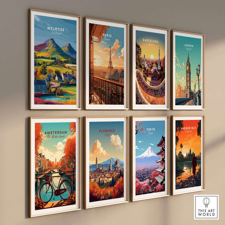 Collection of vibrant travel posters including Melrose, Barcelona, and London showcasing iconic landscapes.