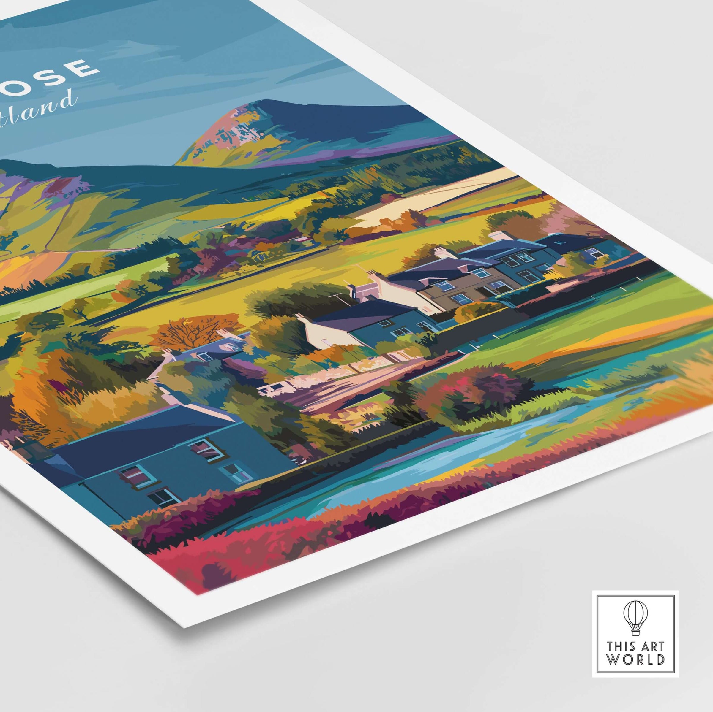 Melrose Scotland Village Travel Print Eildon Hills Poster Scottish Borders Wall Art showcasing colorful village houses and hills.