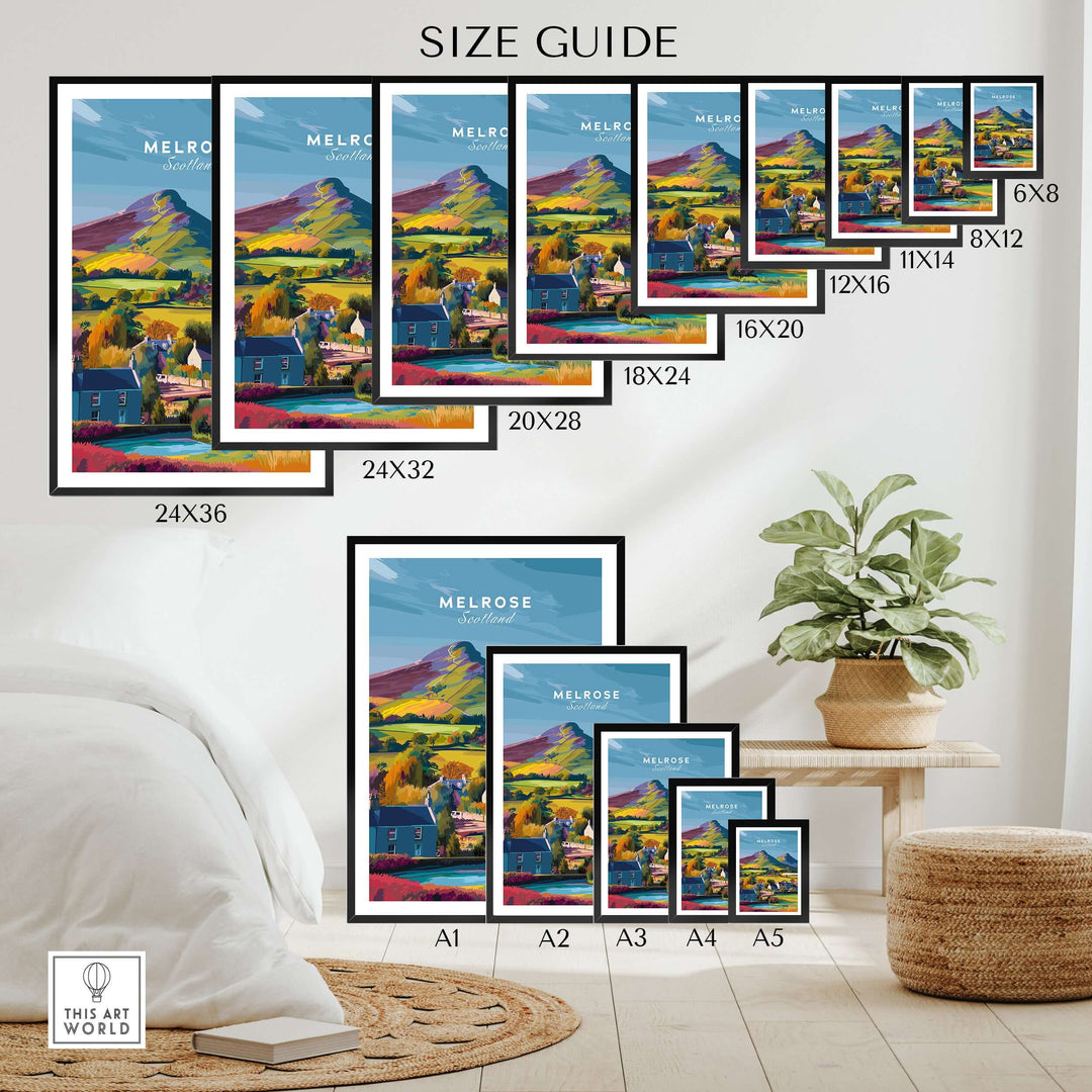 Size guide for Melrose Scotland travel print posters in various dimensions, displayed in a cozy home setting.