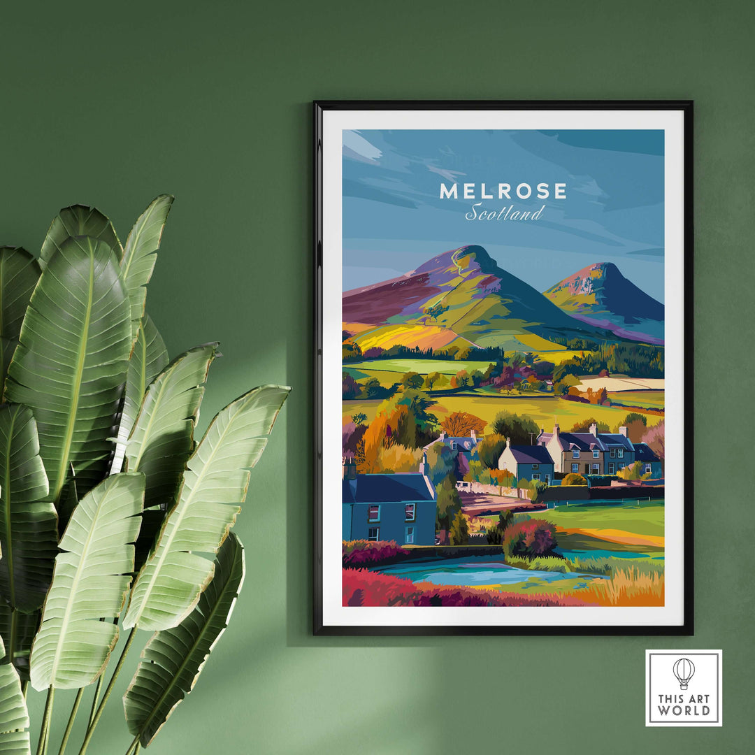 Melrose Scotland travel print featuring Eildon Hills and village houses, vibrant autumn scenery and wall art decor.
