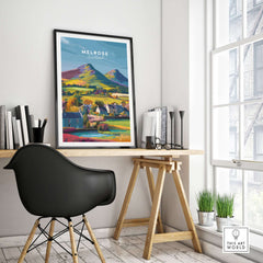 Melrose Scotland Village Travel Print Eildon Hills Poster Scottish Borders Wall Art displayed in a stylish interior.