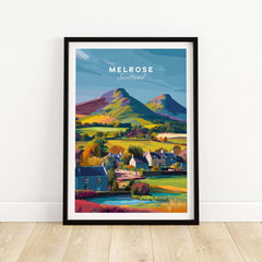 Melrose Scotland Village Travel Print Eildon Hills Poster Scottish Borders Wall Art showcasing vibrant hills and village houses.