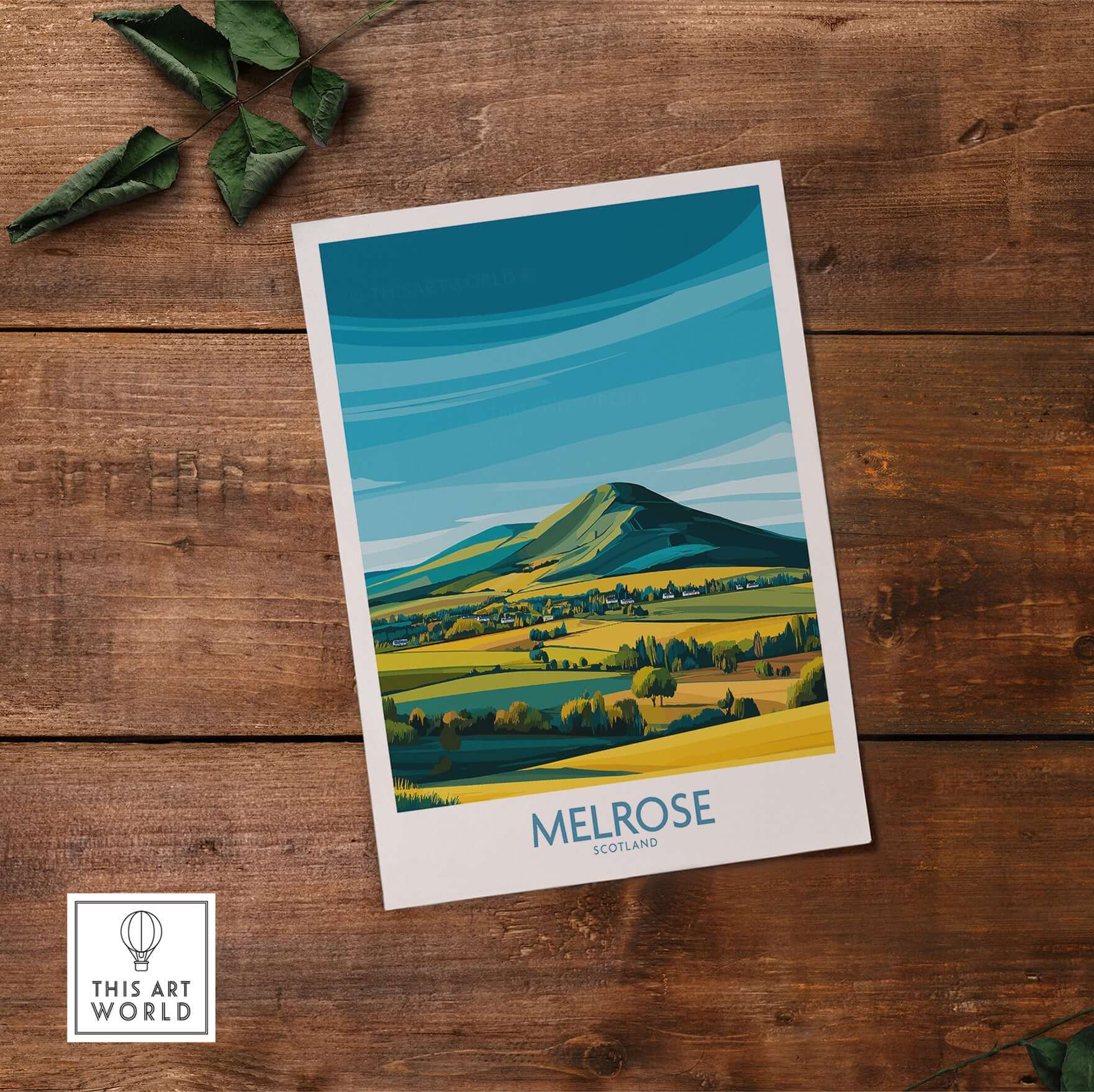 Scottish Borders Melrose Travel Print Eildon Hills Poster Modern Landscape Art on wooden table
