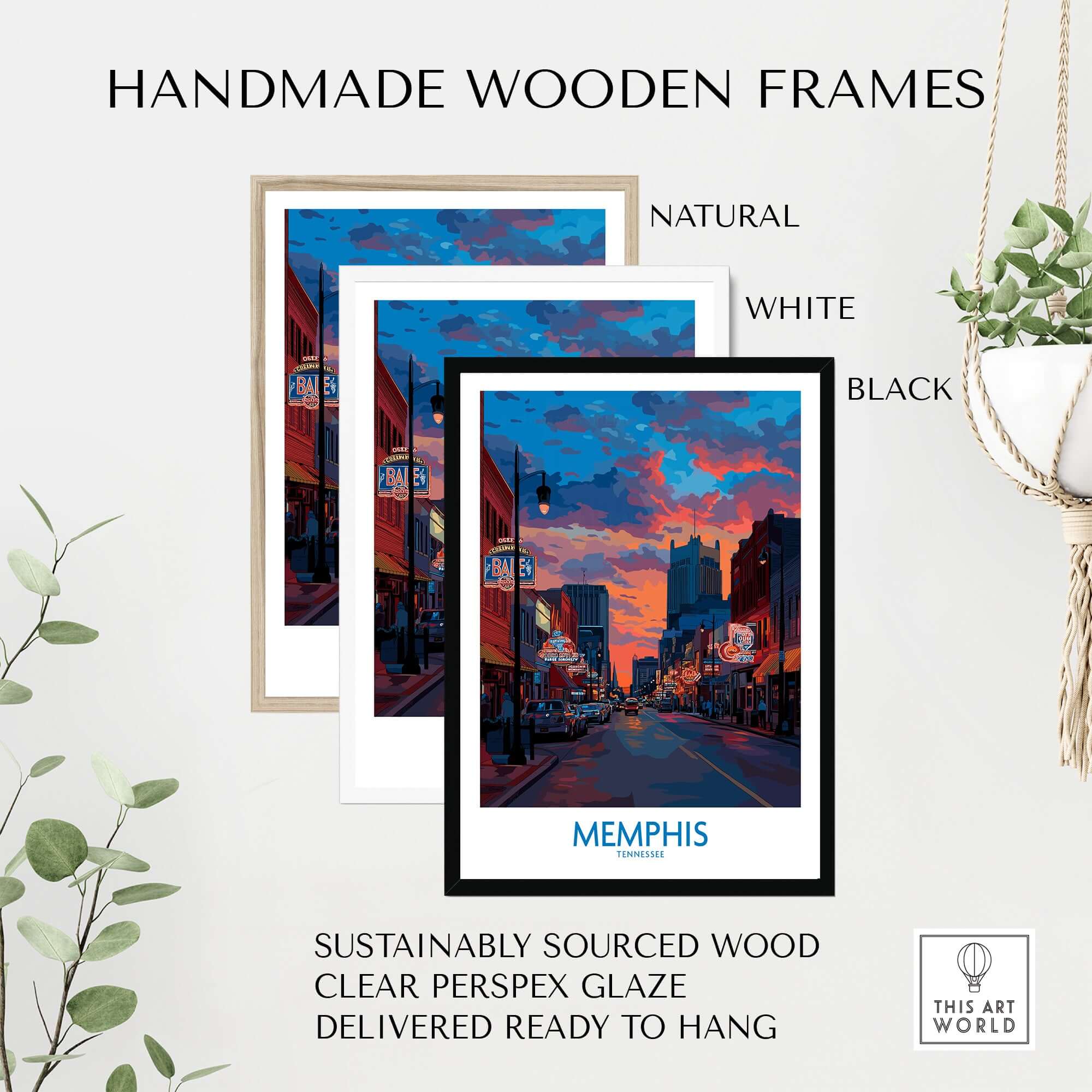 Memphis Print - Cityscape Wall Art Tennessee displayed in handmade wooden frames, natural, white, and black options.