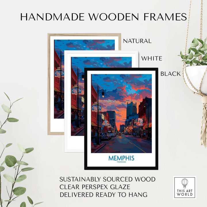Memphis cityscape print in handmade wooden frames, showcasing southern culture and vibrant colors.
