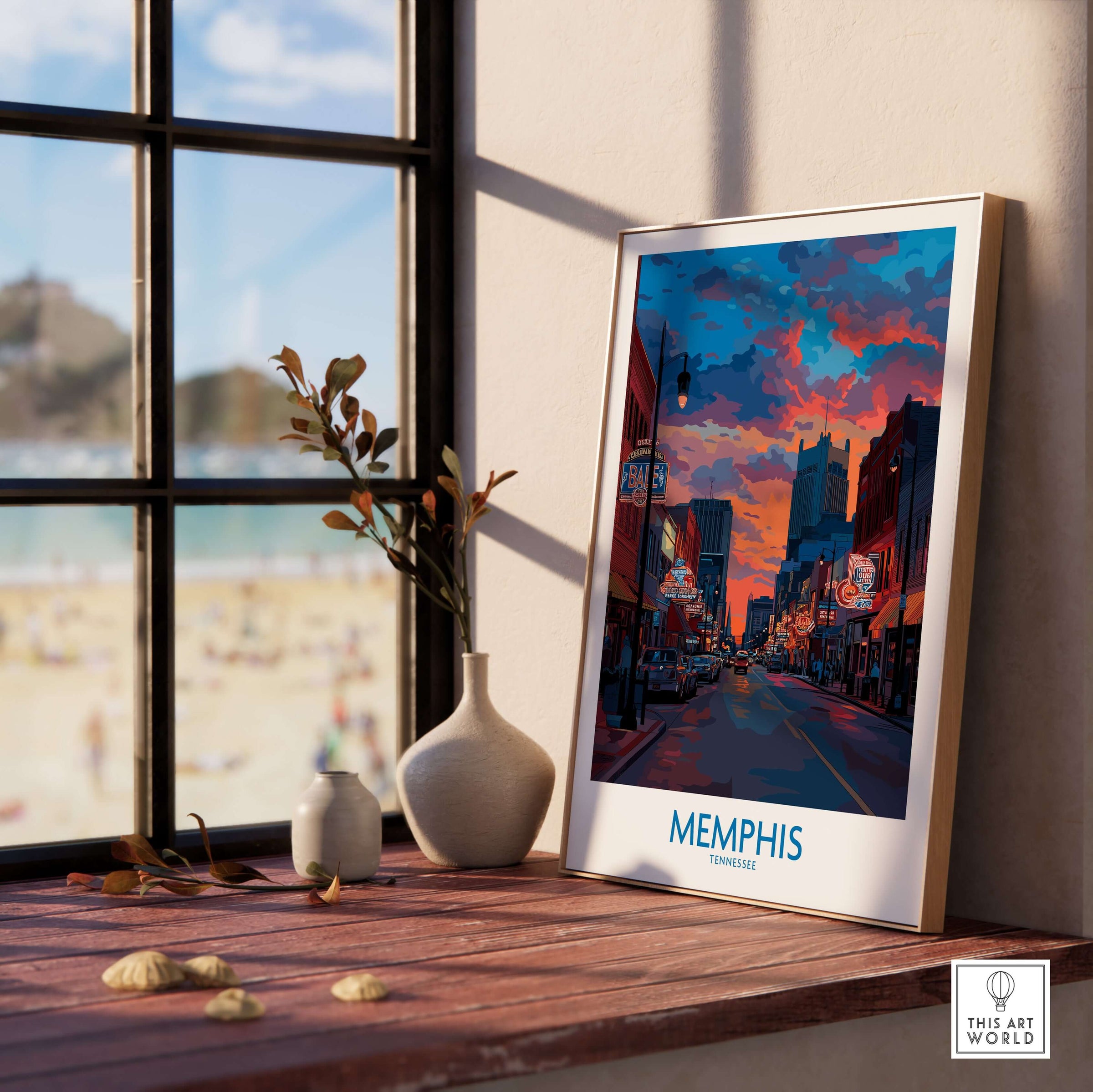 Memphis Print - Cityscape Wall Art Tennessee displayed in a bright, modern room with a view, showcasing vibrant colors.