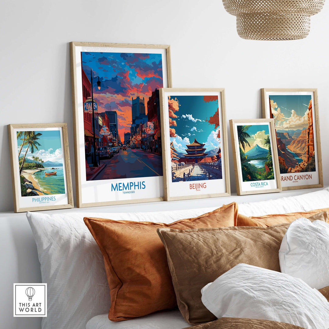 Stylish gallery wall with framed cityscape prints including Memphis, Beijing, and landscapes from the Philippines and Costa Rica.