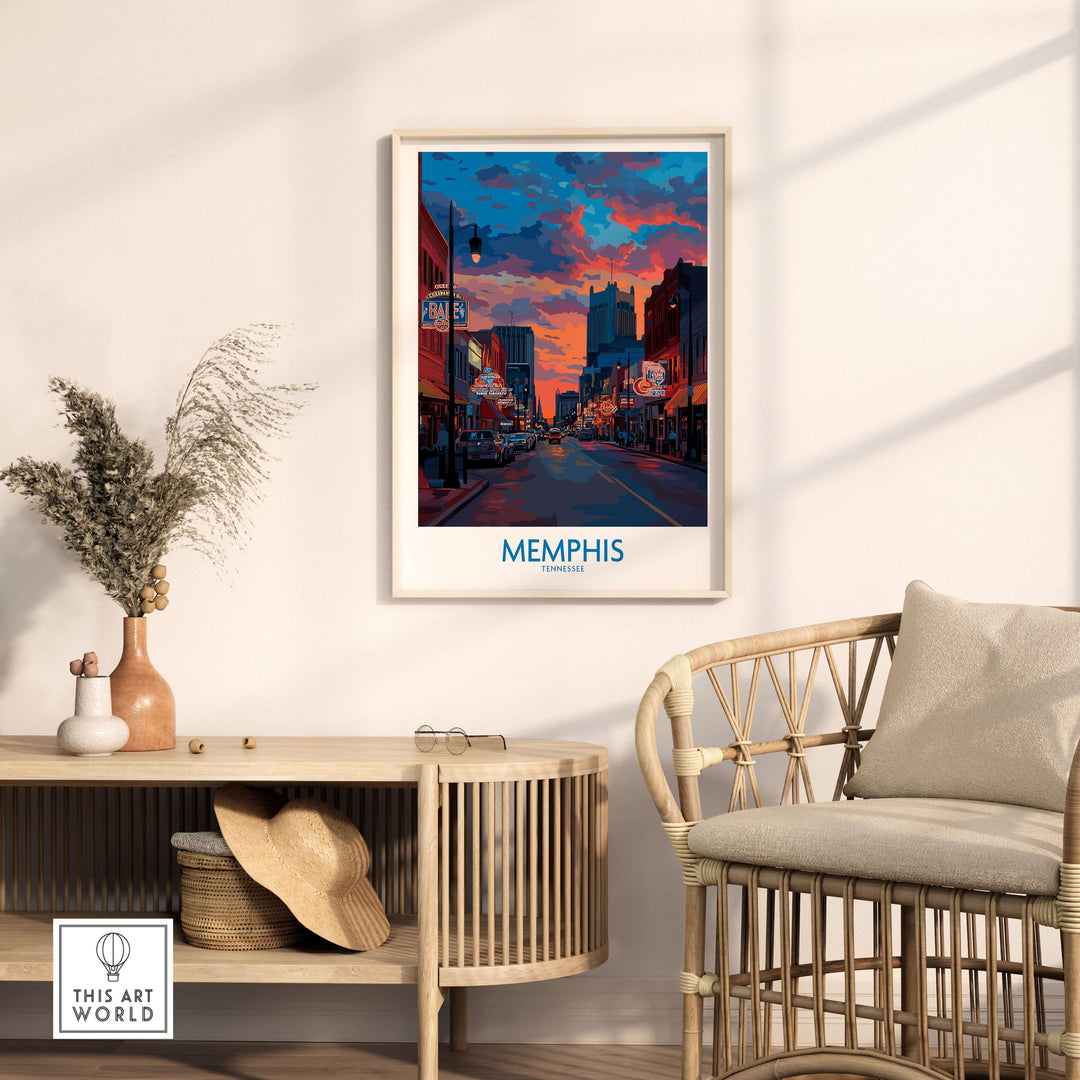 Memphis cityscape wall art showcasing vibrant skyline and colorful sunset, perfect for home decor.