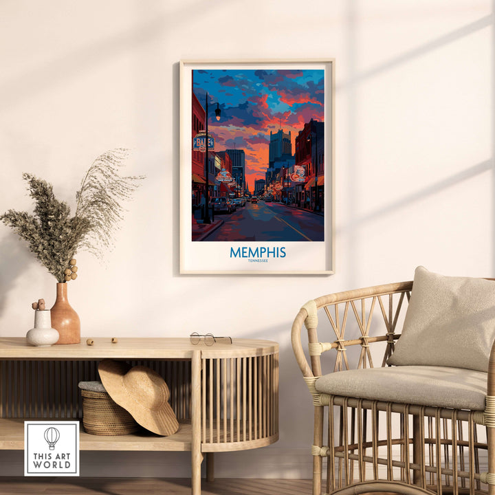 Memphis cityscape wall art showcasing vibrant skyline and colorful sunset, perfect for home decor.