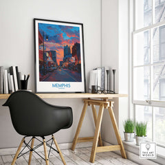 Memphis Print - Cityscape Wall Art Tennessee displayed in a modern workspace with a sleek black chair.