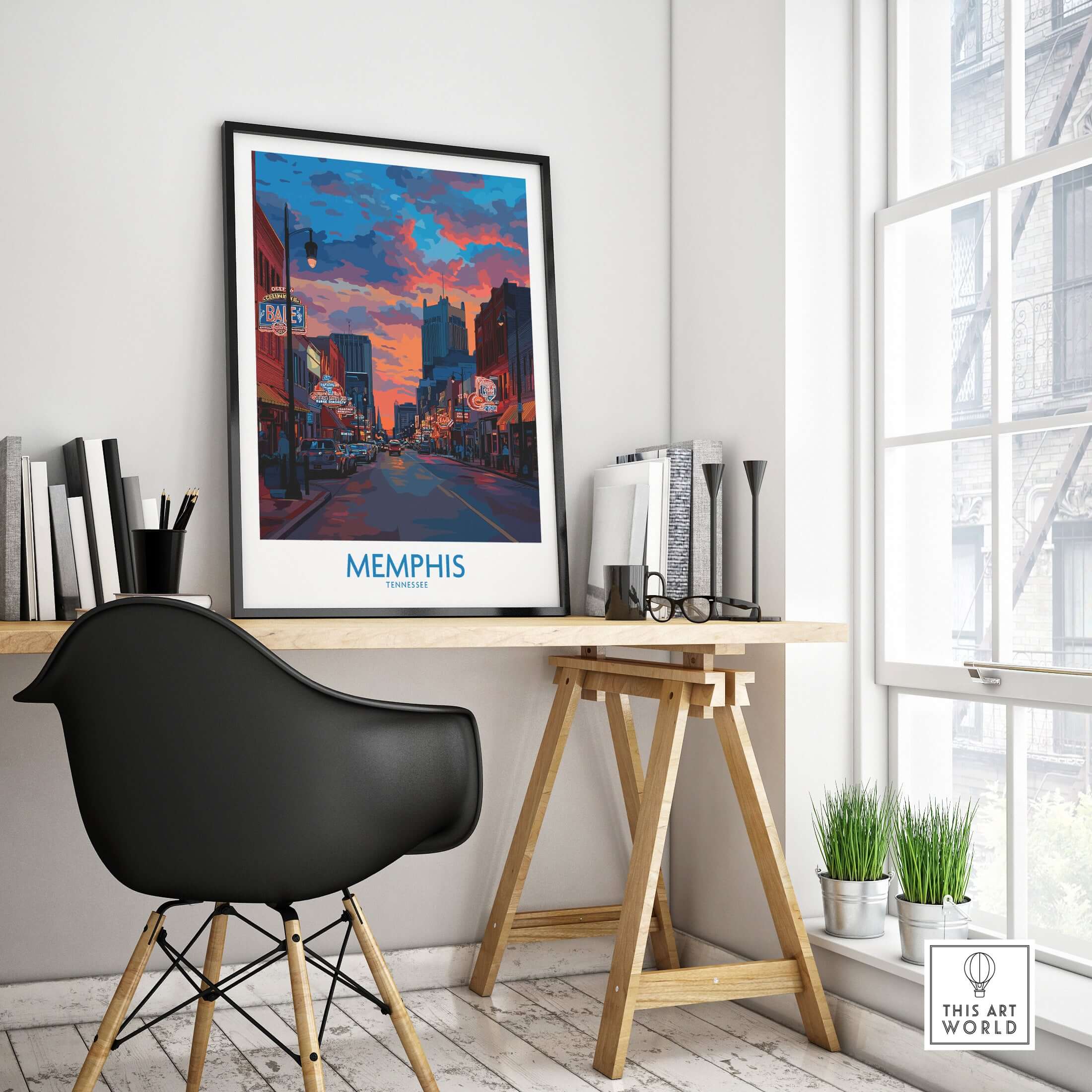 Memphis Print - Cityscape Wall Art Tennessee displayed in a modern workspace with a sleek black chair.