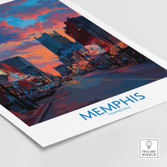 Memphis Print - Cityscape Wall Art Tennessee showcasing a vibrant street scene in Memphis, Tennessee during sunset.