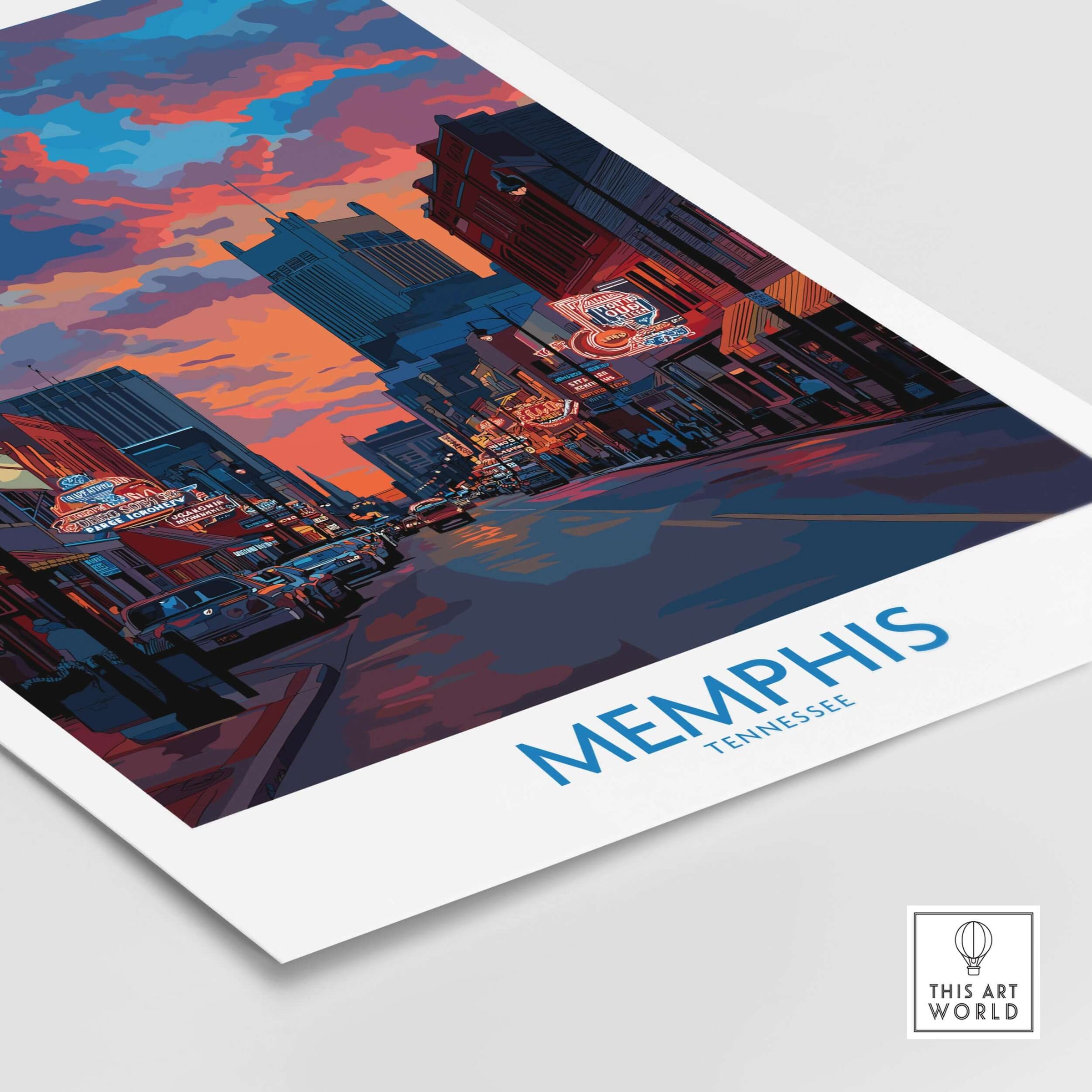 Memphis Print - Cityscape Wall Art Tennessee showcasing a vibrant street scene in Memphis, Tennessee during sunset.