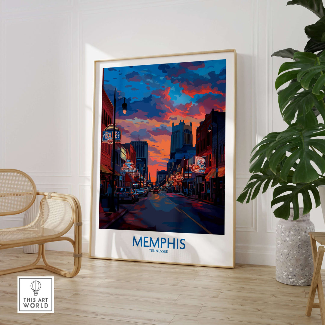Vibrant Memphis cityscape wall art showcasing Tennessee's iconic skyline at sunset.