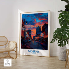 Memphis Print - Cityscape Wall Art Tennessee displayed in a modern living room, showcasing vibrant colors and urban life.