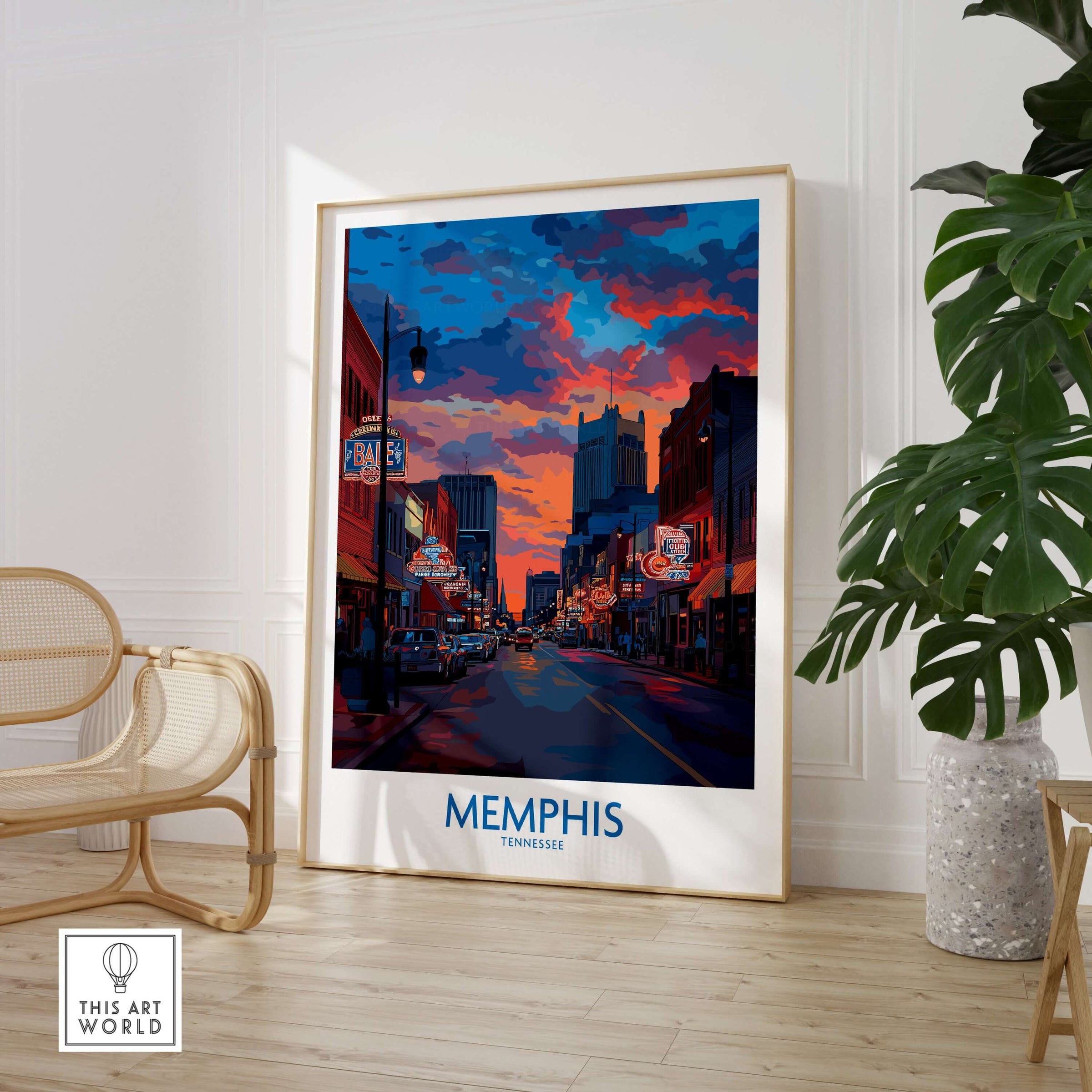 Memphis Print - Cityscape Wall Art Tennessee displayed in a modern living room, showcasing vibrant colors and urban life.