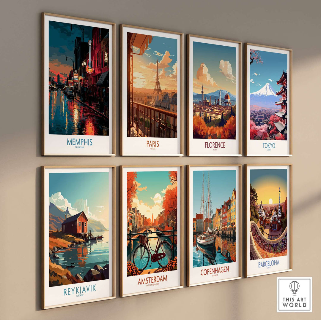 Stylish wall display of city posters including Memphis, Paris, Florence, Tokyo, Reykjavik, Amsterdam, Copenhagen, and Barcelona.