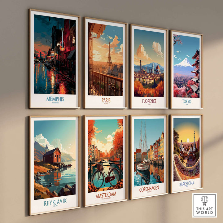 Stylish wall display of city posters including Memphis, Paris, Florence, Tokyo, Reykjavik, Amsterdam, Copenhagen, and Barcelona.