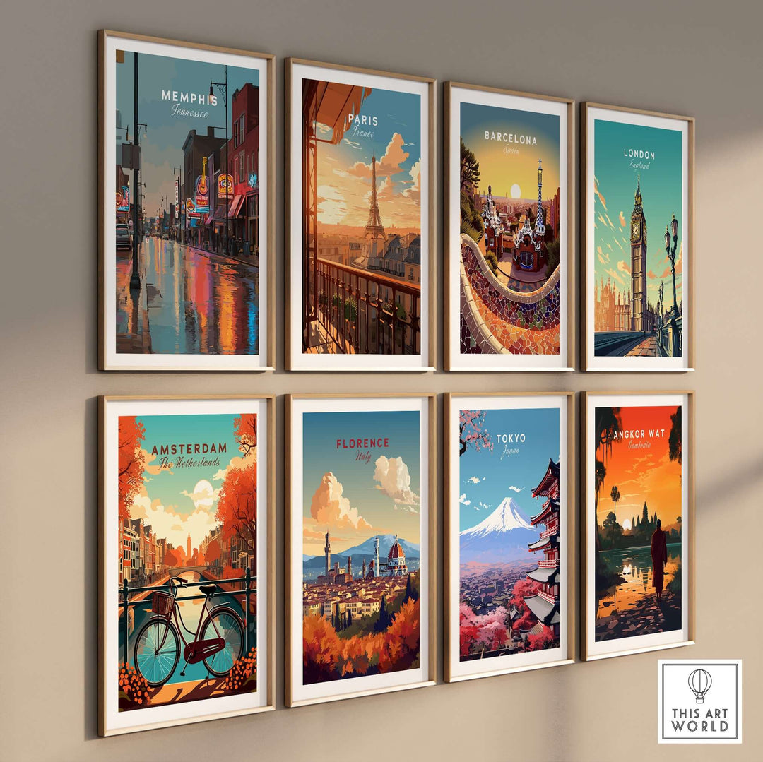 Gallery of iconic city posters including Memphis, Paris, Barcelona, London, Amsterdam, Florence, and Tokyo.
