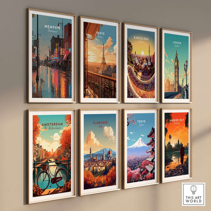Gallery of iconic city posters including Memphis, Paris, Barcelona, London, Amsterdam, Florence, and Tokyo.