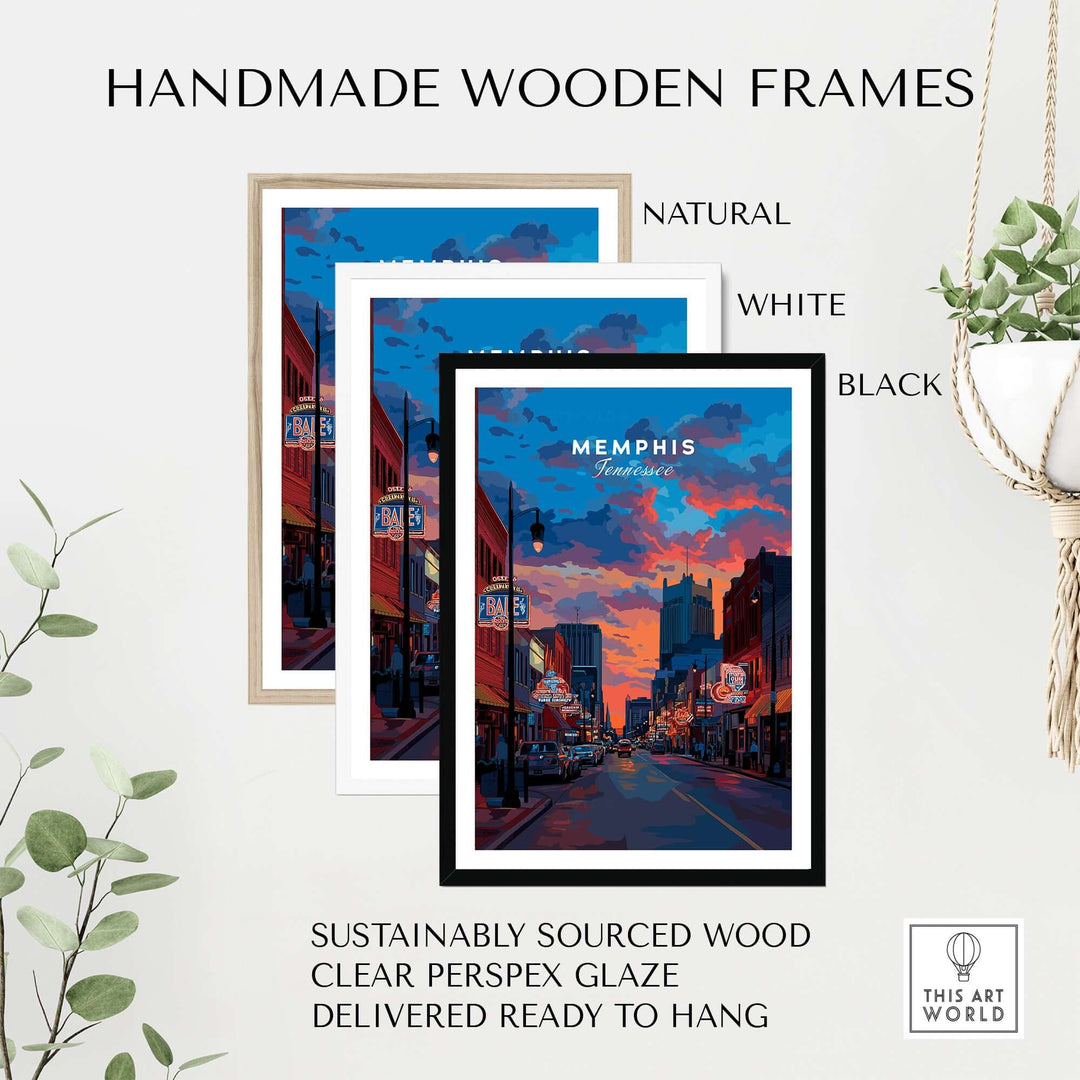Handmade wooden frames for Memphis Poster in natural, white, and black finishes, sustainably sourced wood.