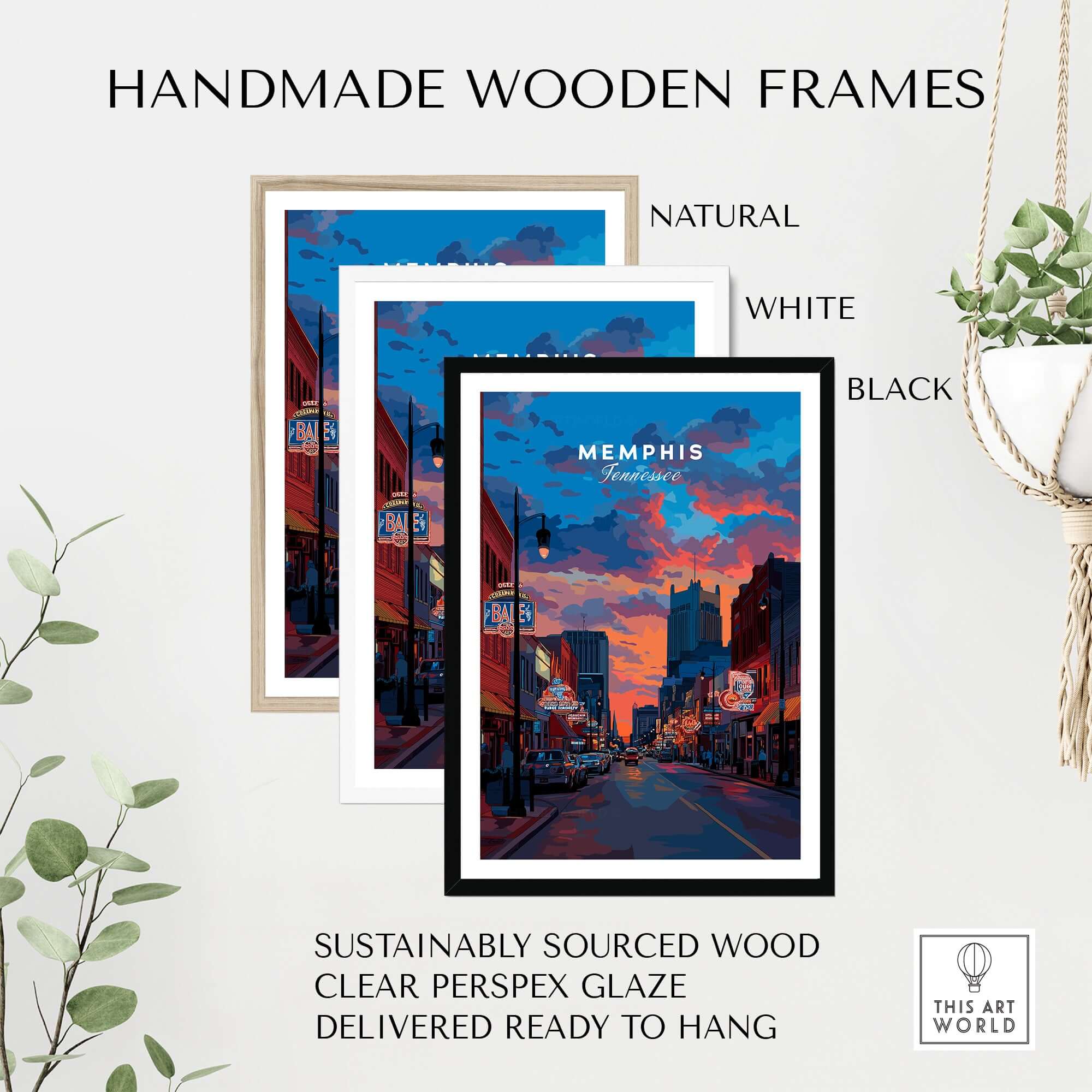 Memphis Poster Tennessee Travel Print displayed in handmade wooden frames, featuring natural, white, and black options.