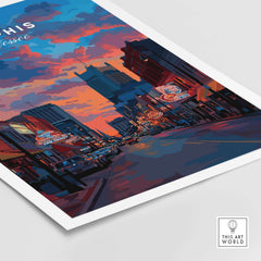 Memphis Poster Tennessee Travel Print showcasing a vibrant sunset over Memphis with iconic signs and buildings.