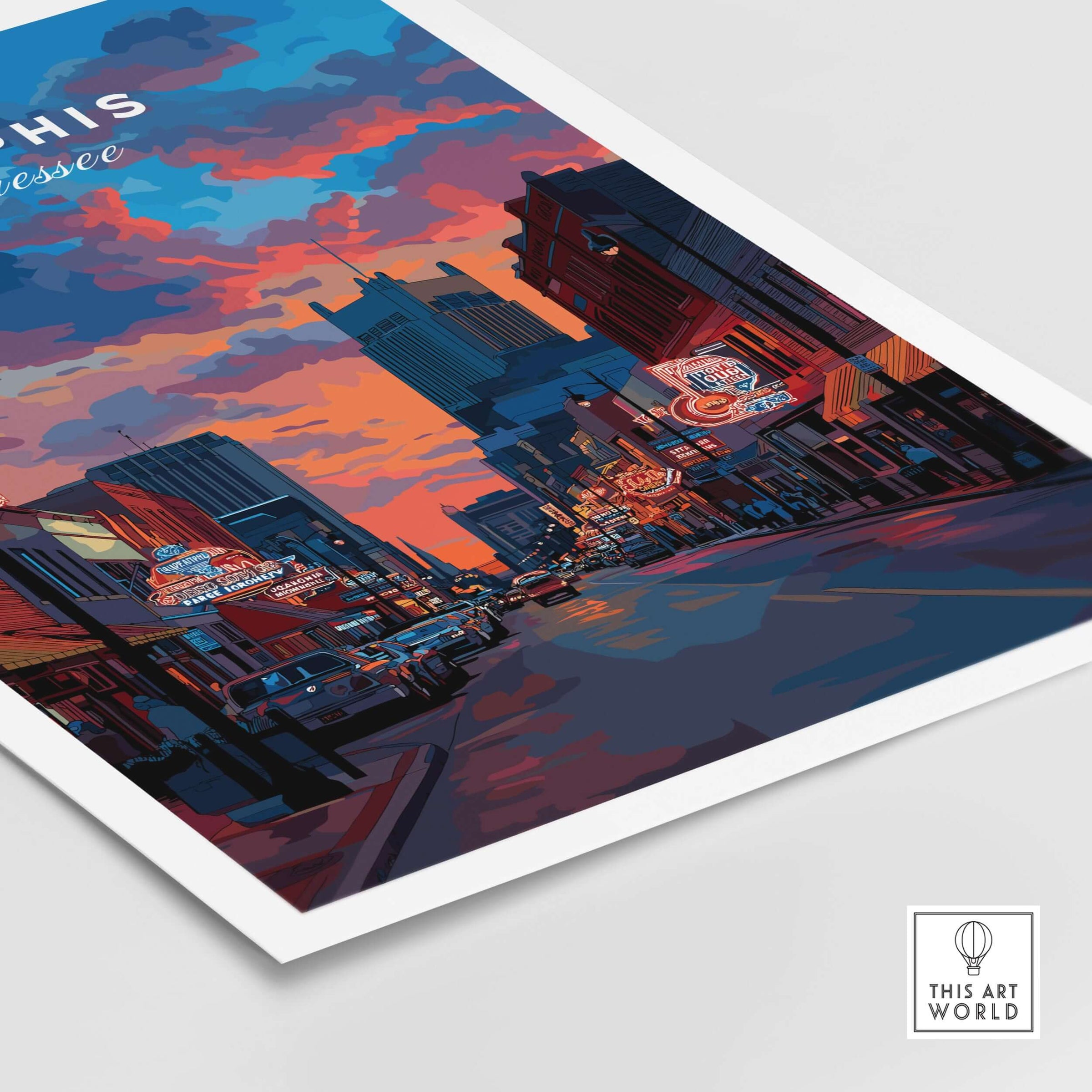 Memphis Poster Tennessee Travel Print showcasing a vibrant sunset over Memphis with iconic signs and buildings.