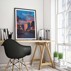 Memphis Poster Tennessee Travel Print displayed in a stylish workspace, showcasing vibrant city and sunset colors.