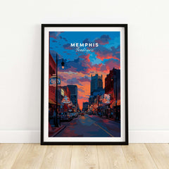 Memphis Poster Tennessee Travel Print showcasing a vibrant Memphis cityscape at sunset with iconic landmarks.