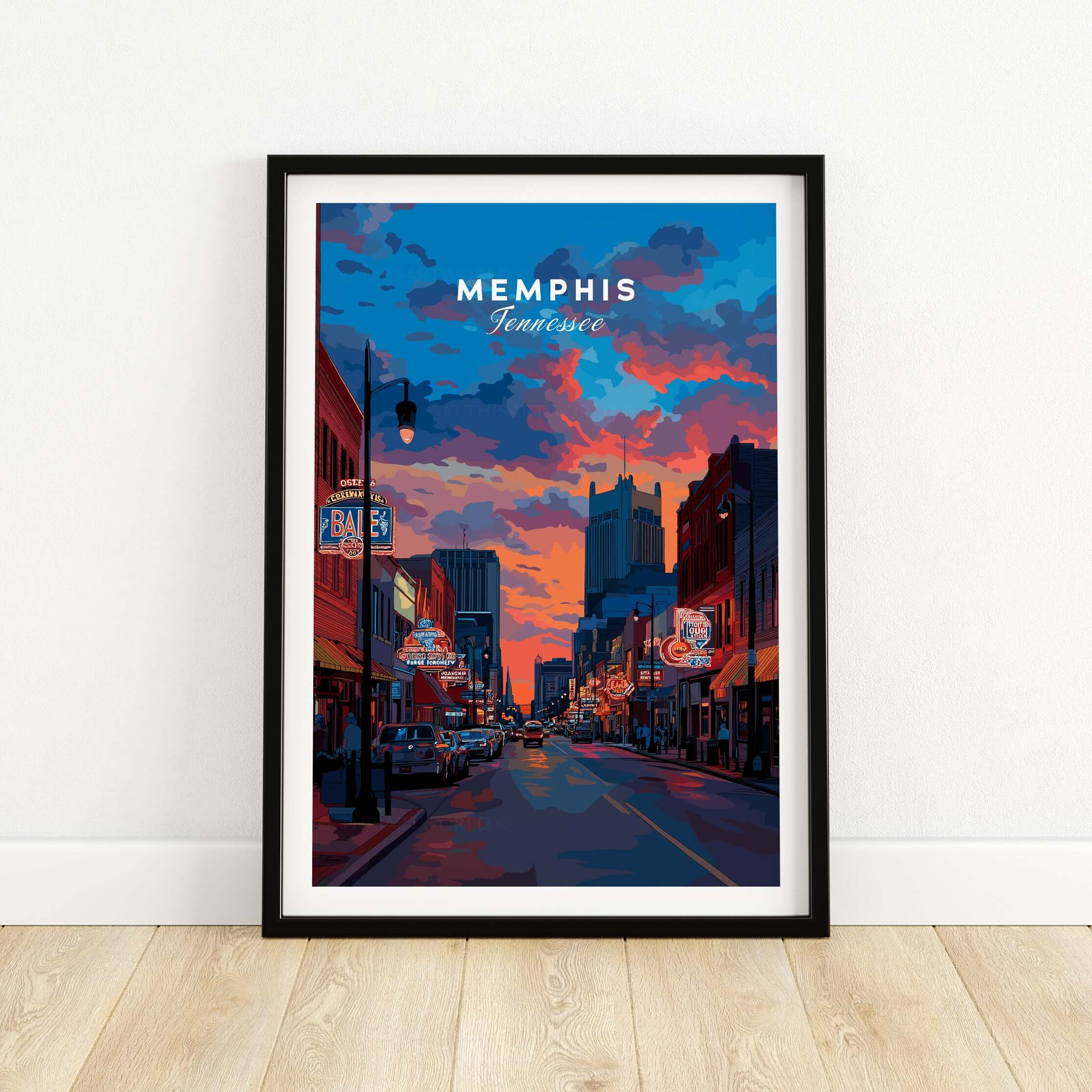 Memphis Poster Tennessee Travel Print showcasing a vibrant Memphis cityscape at sunset with iconic landmarks.