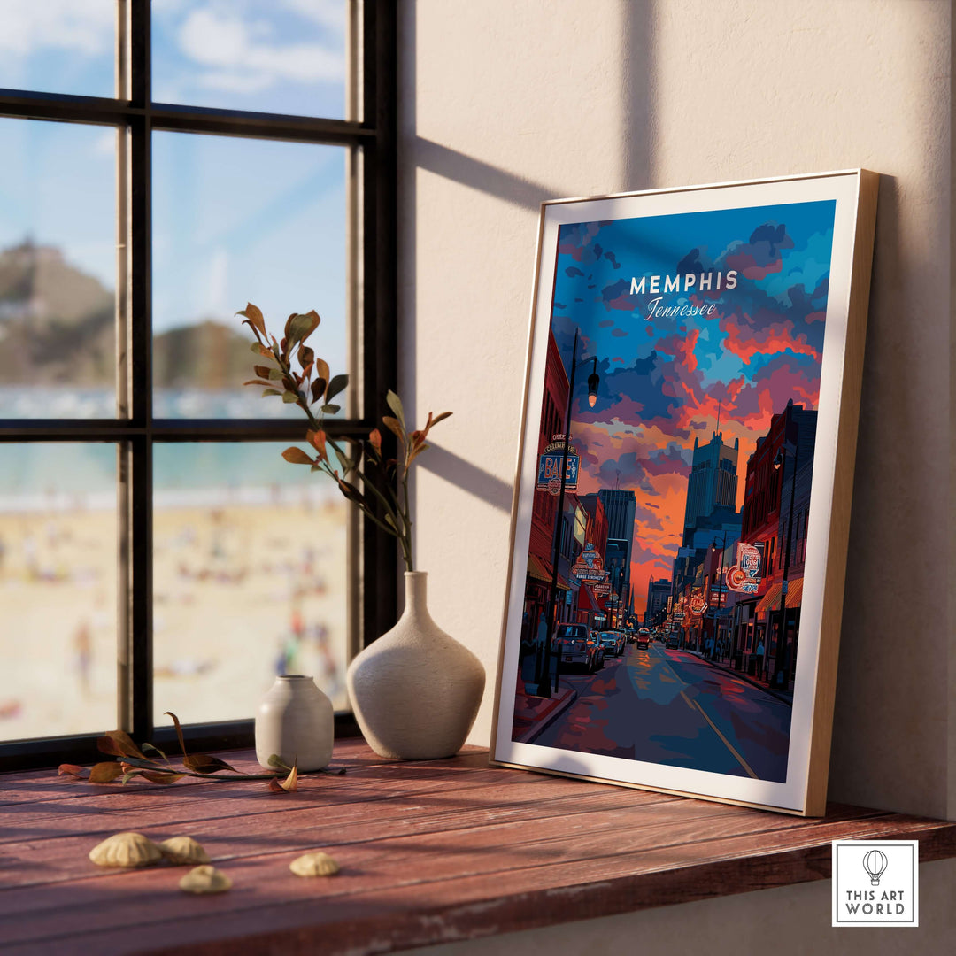 Framed Memphis Tennessee travel poster on a wooden table with a scenic beach view outside the window.