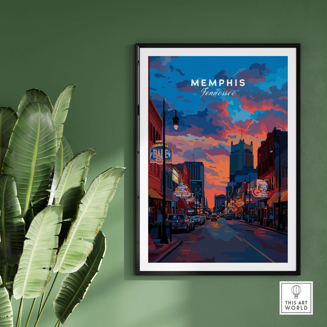 Colorful Memphis Tennessee travel poster showcasing iconic landmarks and vibrant street life.