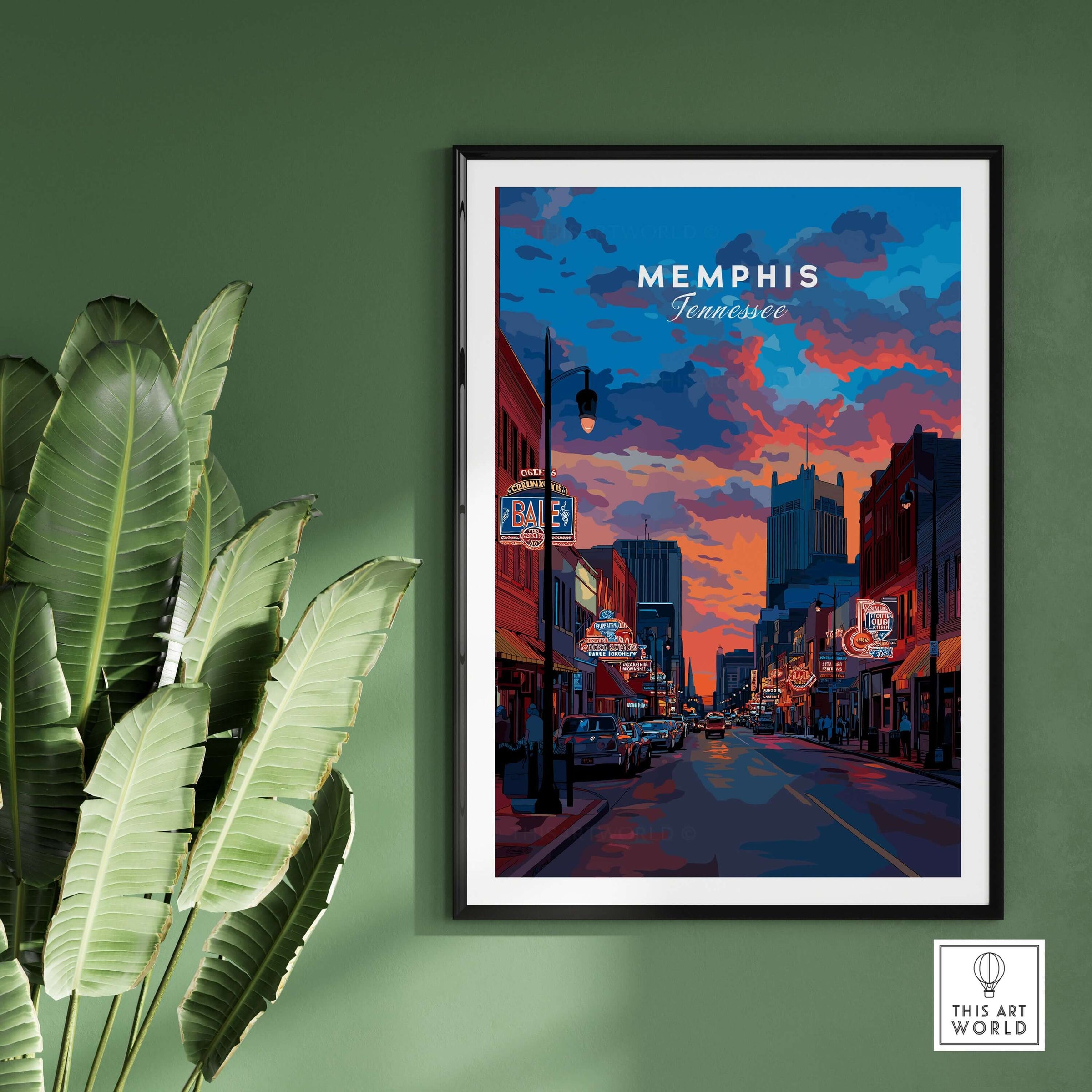 Memphis Poster Tennessee Travel Print showcasing vibrant street scene in Memphis, Tennessee at sunset.