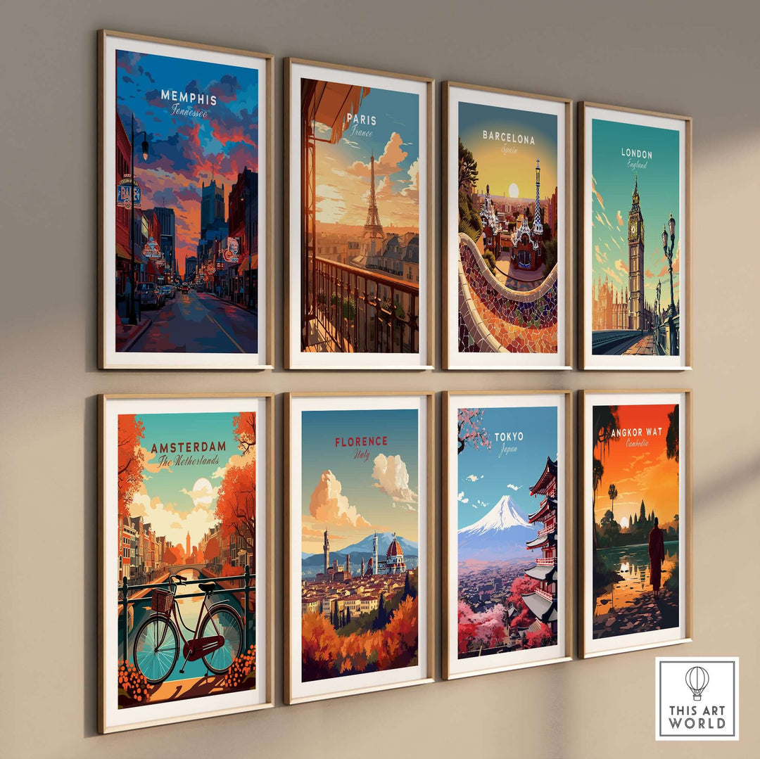 Collection of travel posters featuring Memphis, Paris, Barcelona, London, Amsterdam, Florence, Tokyo, and Angkor Wat.